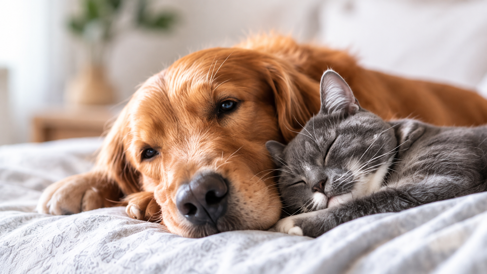 Cão e gato descansando juntos no conforto de casa